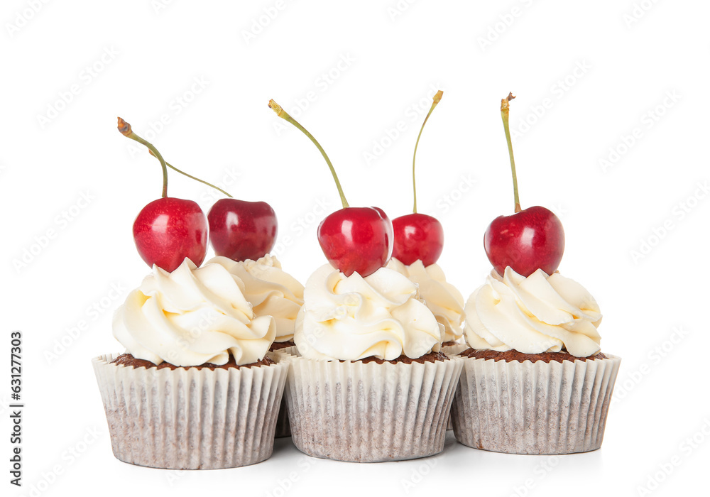 Tasty cherry cupcakes on white background