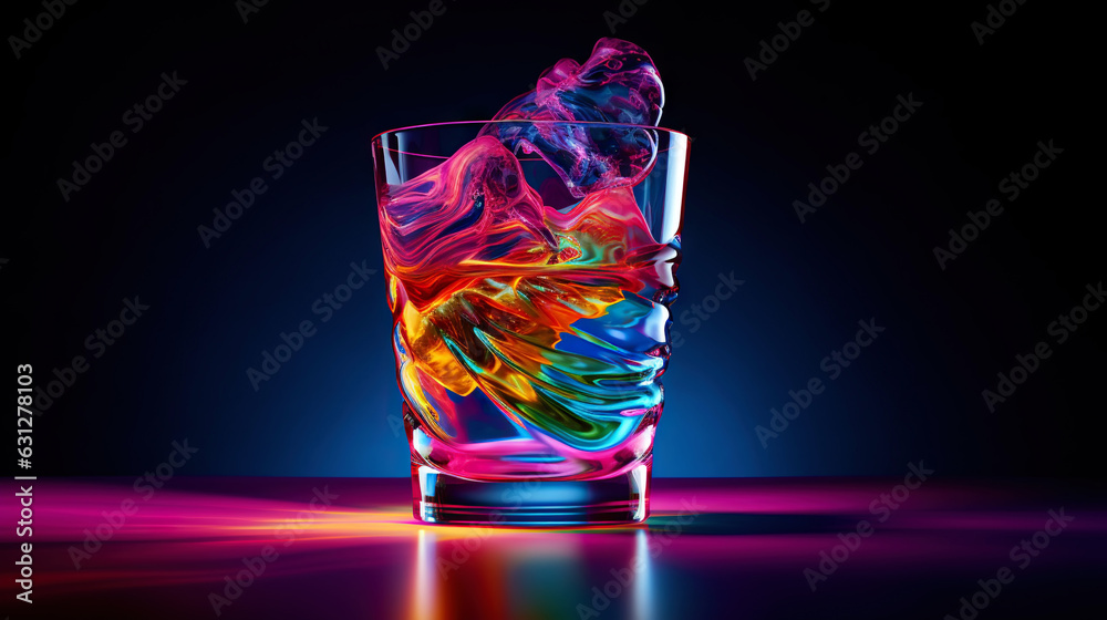 Glass of cocktail in hypnotic neon light. Colorful rave party drink. Generative AI