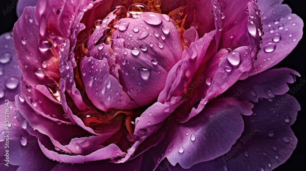 Purple Peony flowers with water drops background. Closeup of blossom with glistening droplets. Gener