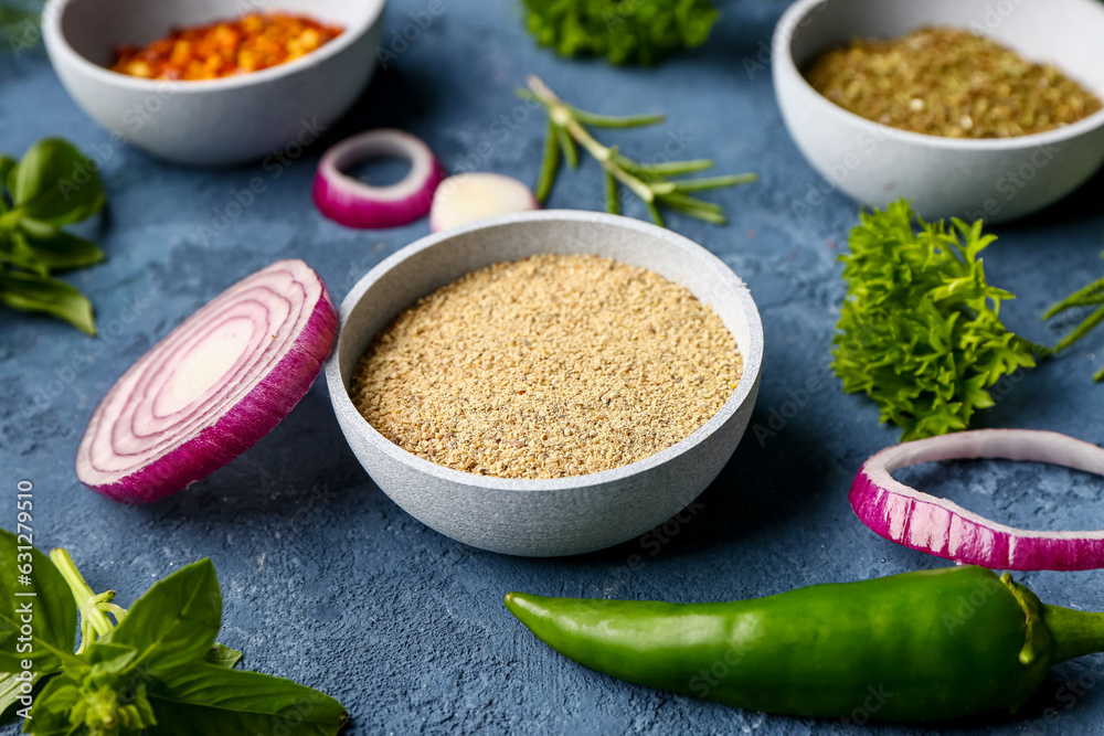 Composition with spices and herbs on color background, closeup