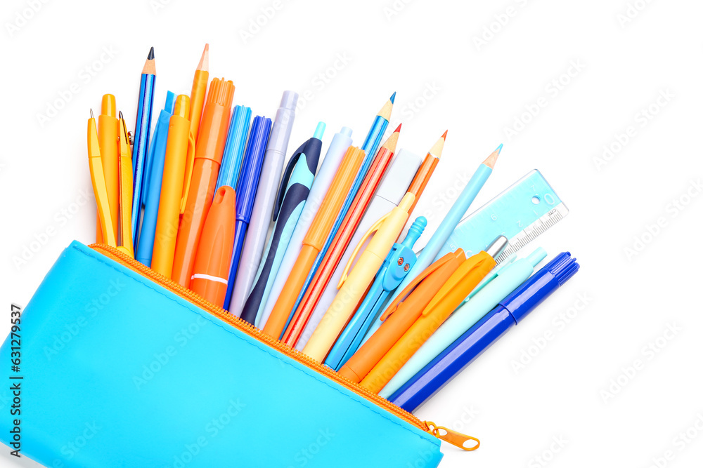 Blue pencil case with different stationery on white background