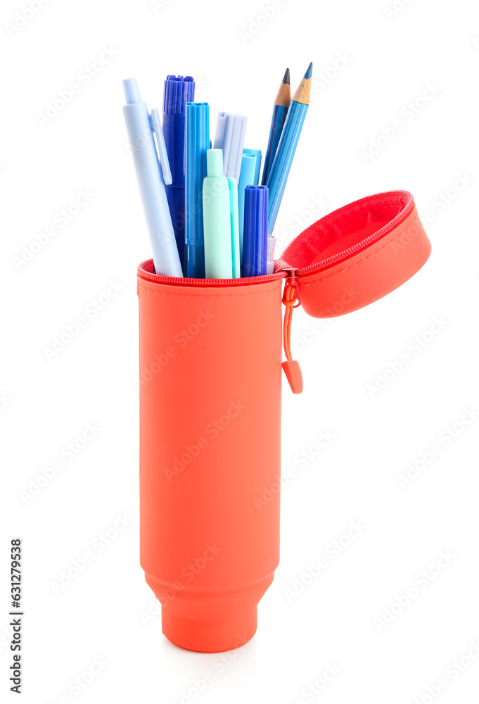 Pencil case with different stationery on white background