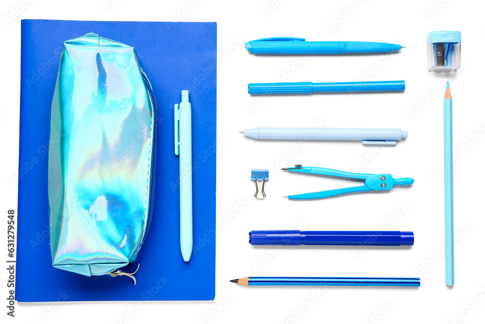 Pencil case with different stationery on white background