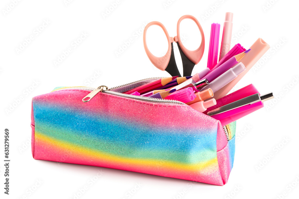 Pencil case with different stationery on white background