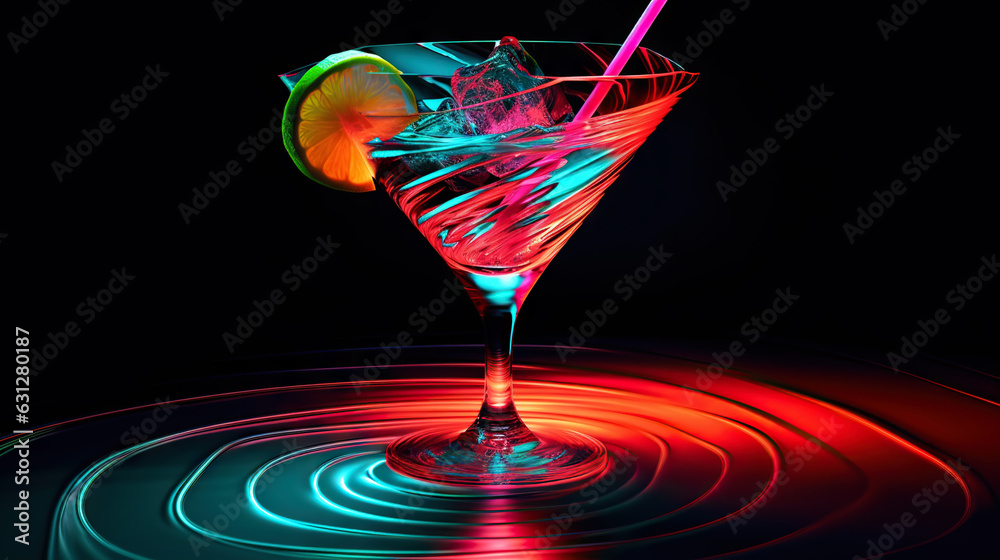 Glass of cocktail in hypnotic neon light. Colorful rave party drink. Generative AI