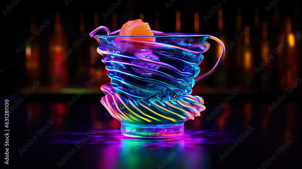 Glass of cocktail in hypnotic neon light. Colorful rave party drink. Generative AI