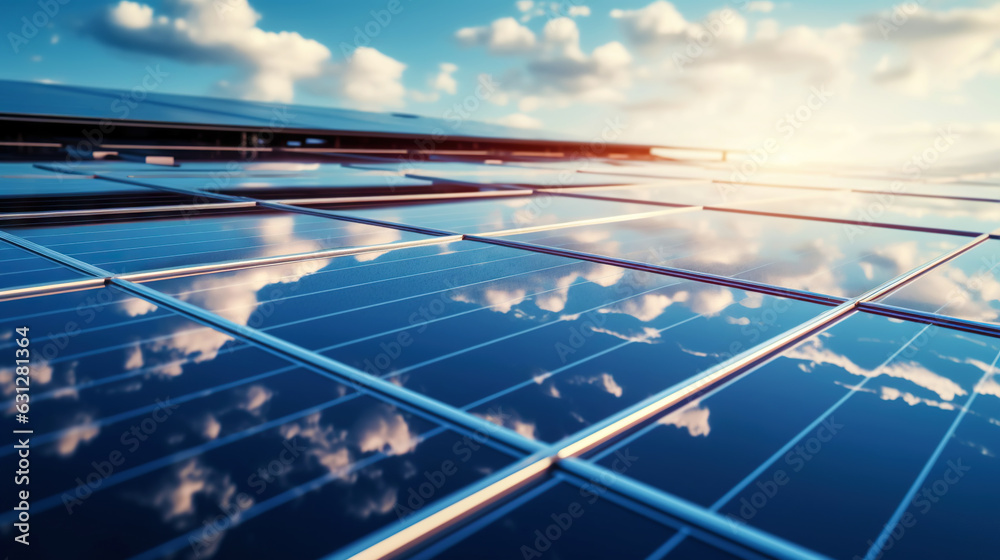 Closeup of Solar panels against blue sky with clouds. Solar energy generation. Renewable energetics.