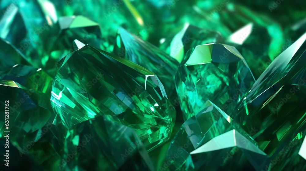 Amazing bright and shiny Emerald crystal cluster background. Jewel mineral detailed macro. Generativ