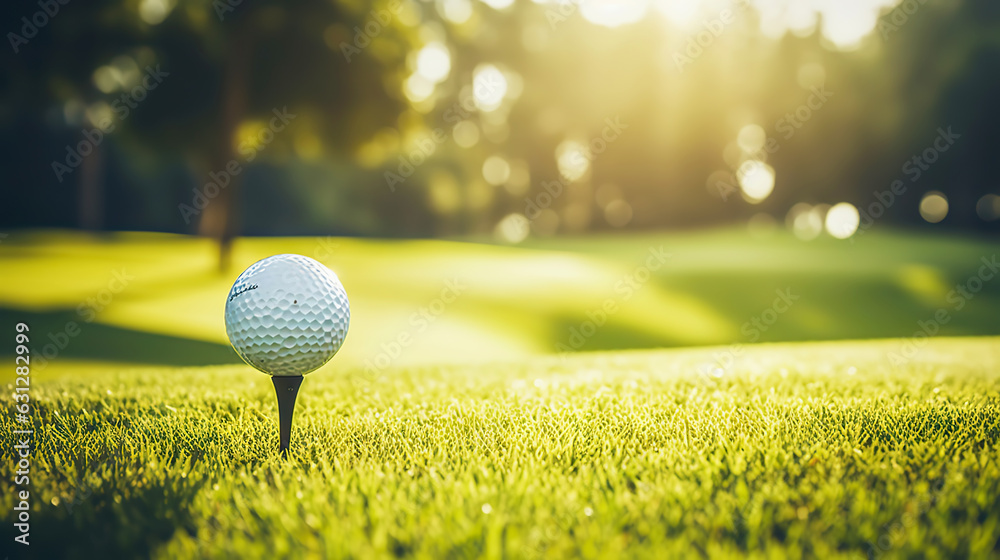 Golf club and golf ball on green grass background. Blurred backdrop. Outdoor sport on a sunny day. G