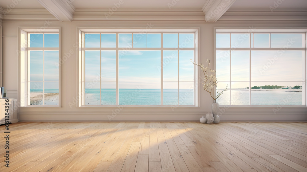 Empty apartment room with wooden floor of beach house. Sea view from windows. Copy space. Generative