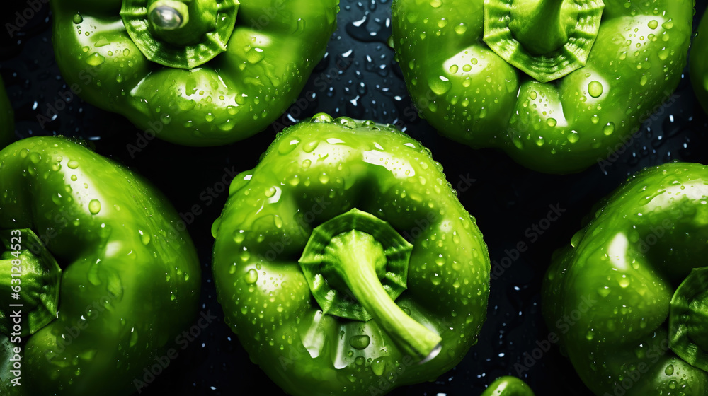 Fresh green bell peppers with water drops background. Vegetables backdrop. Generative AI