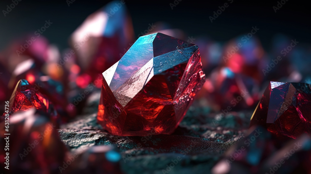 Amazing bright and shiny Cuprite crystal cluster background. Jewel mineral detailed macro. Generativ