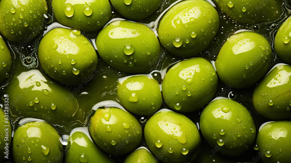 Fresh green olives with water drops background. Vegetables backdrop. Generative AI