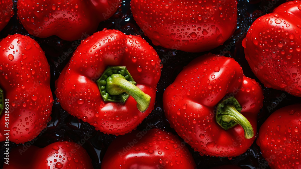 Fresh red bell peppers with water drops background. Vegetables backdrop. Generative AI