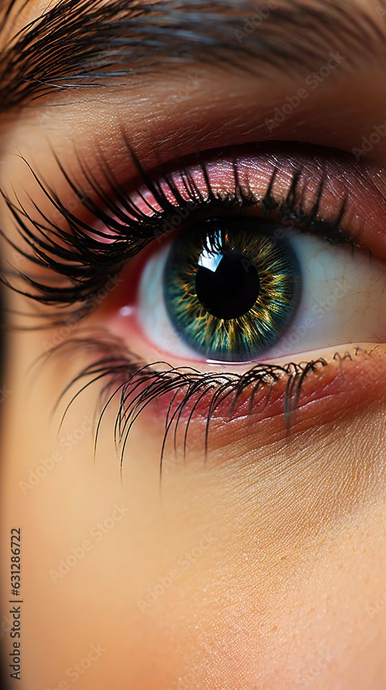 Close-up of a womans eye with dramatic lashes, black eyeline and professional makeup. Generative AI