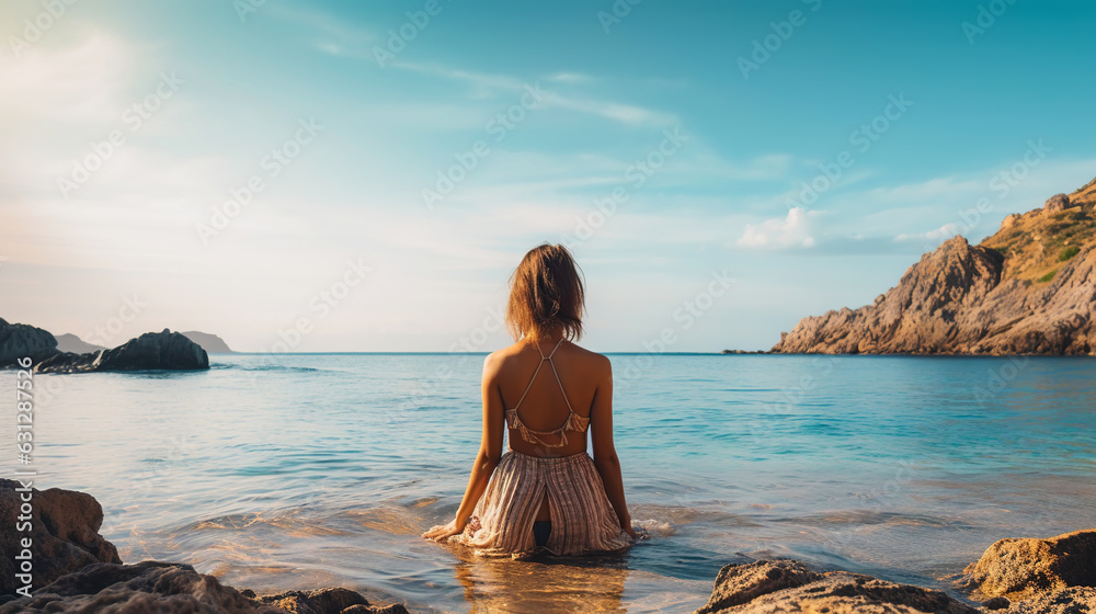 Woman meditating on the sea beach in lotus position. Generative AI