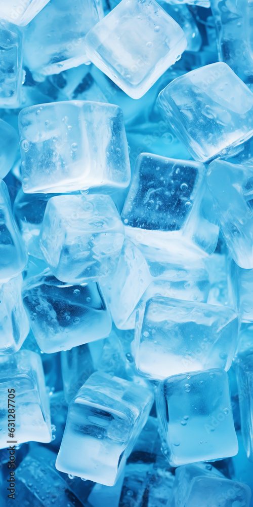 Ice cubes bluish background. Frozen water. Cold fresh concept. Generative AI