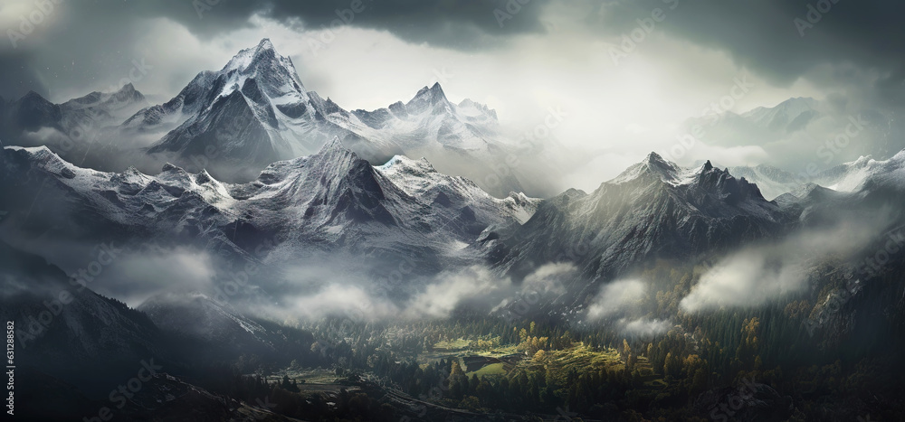 Dramatic snow-capped mountains landscape. Clouds and fog covers stone slopes. Generative AI