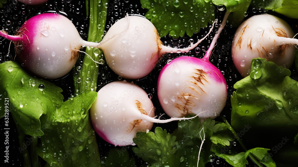 Fresh turnips with water drops background. Vegetables backdrop. Generative AI