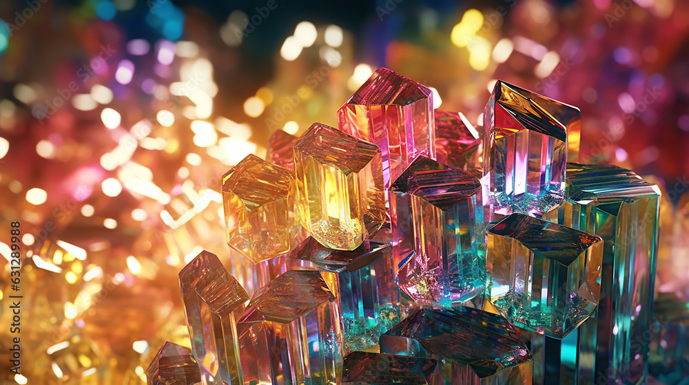 Amazing bright and shiny Bismuth crystal cluster background. Jewel mineral detailed macro. Generativ