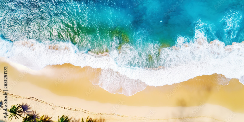 Aerial top view on sand ocean beach with palm trees. Summer vacation paradise concept. Generative AI