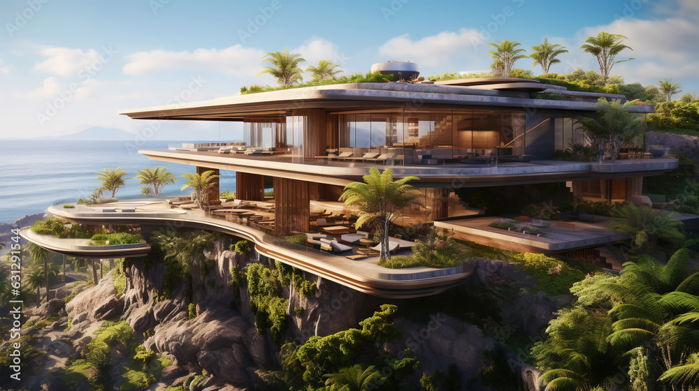 Luxury contemporaty villa on a mountain hill with a view on ocean. Generative AI