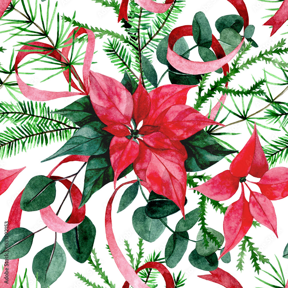 watercolor drawing, seamless pattern with christmas plants. red green print with poinsettia flowers 