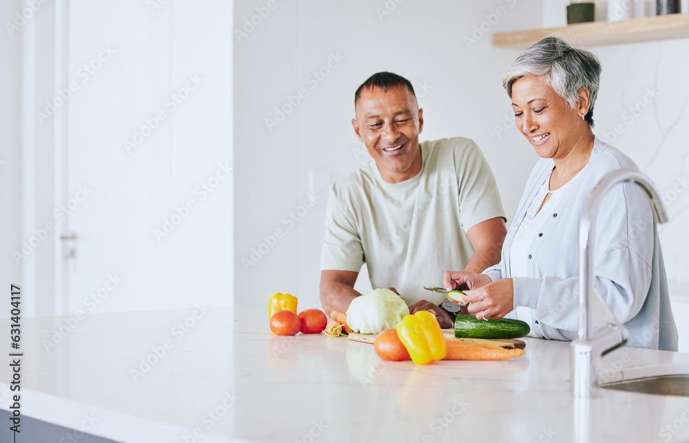 Space, health and cooking with old couple in kitchen for food, lunch and helping. Wellness, nutritio