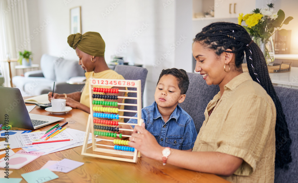 Child, homework help and math with mom in home with counting on abacus for development growth. Young