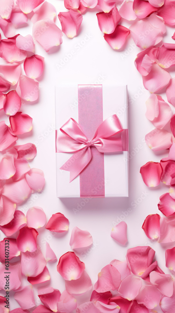 Valentines Day white background with pink rose petals and gift.