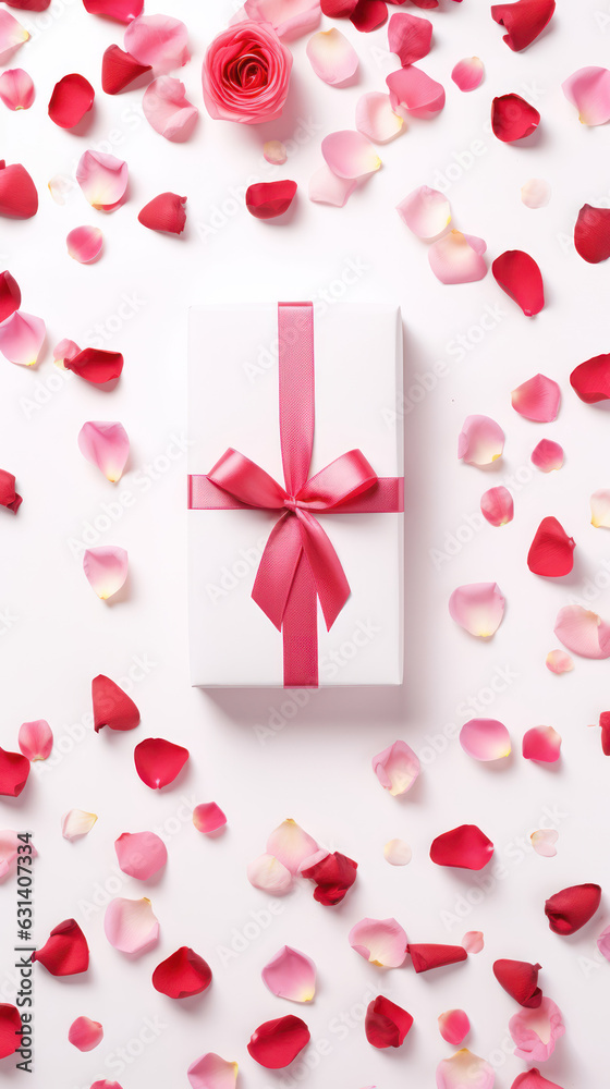 Valentines Day white background with pink rose petals and gift.