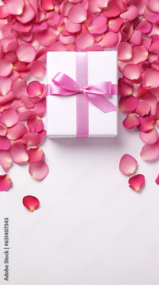 Valentines Day white background with pink rose petals and gift.