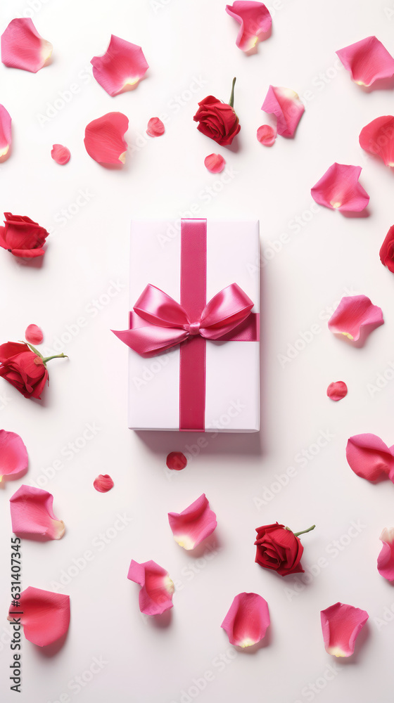 Valentines Day white background with pink rose petals and gift.