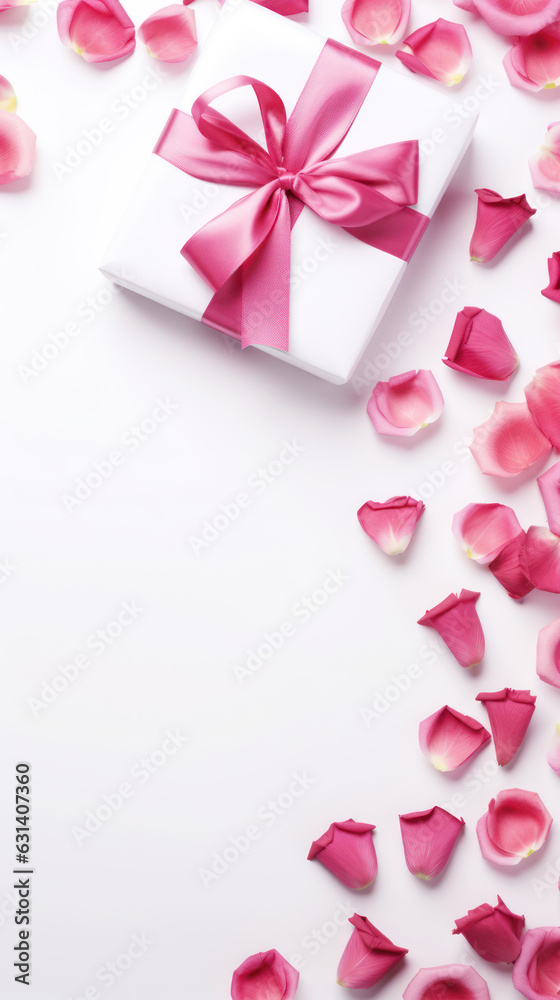 Valentines Day white background with pink rose petals and gift.