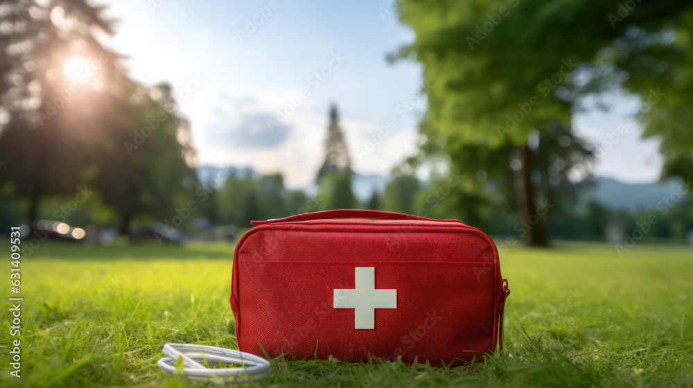 First aid medical red kit  on bokeh park background