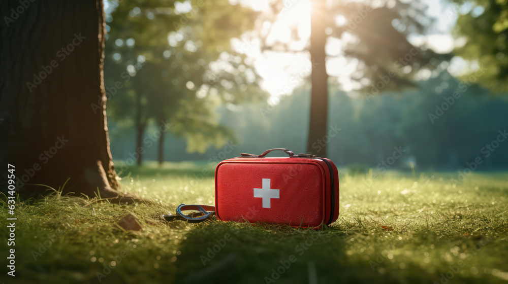 First aid medical red kit  on bokeh park background