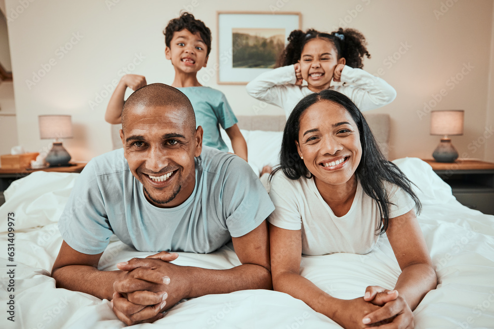 Happy family, portrait and bonding in bed, having fun and playing in their home together. Face, smil