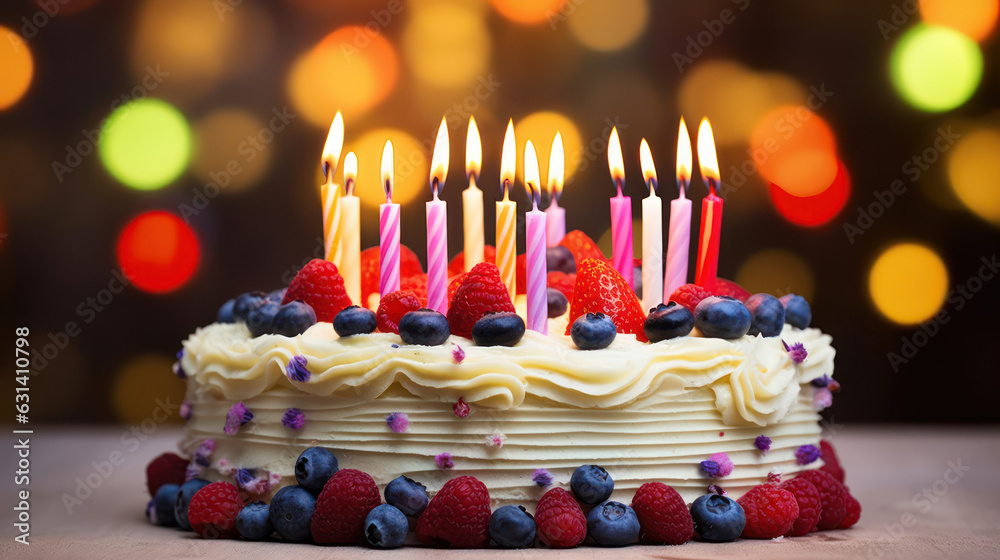 Birthday colorful cake with candles and berries 