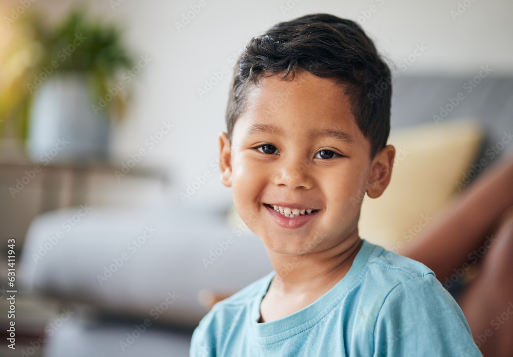 Kid, smile portrait and happy in family home in the morning feeling relax in living room. Face, kids