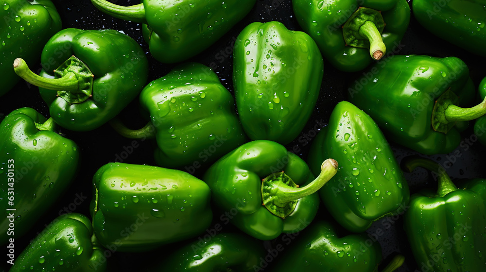 Fresh green bell peppers with water drops background. Vegetables backdrop. Generative AI