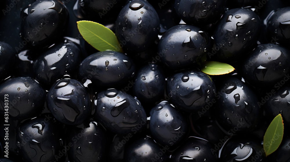 Black olives with leaves and water drops background. Vegetables backdrop. Generative AI