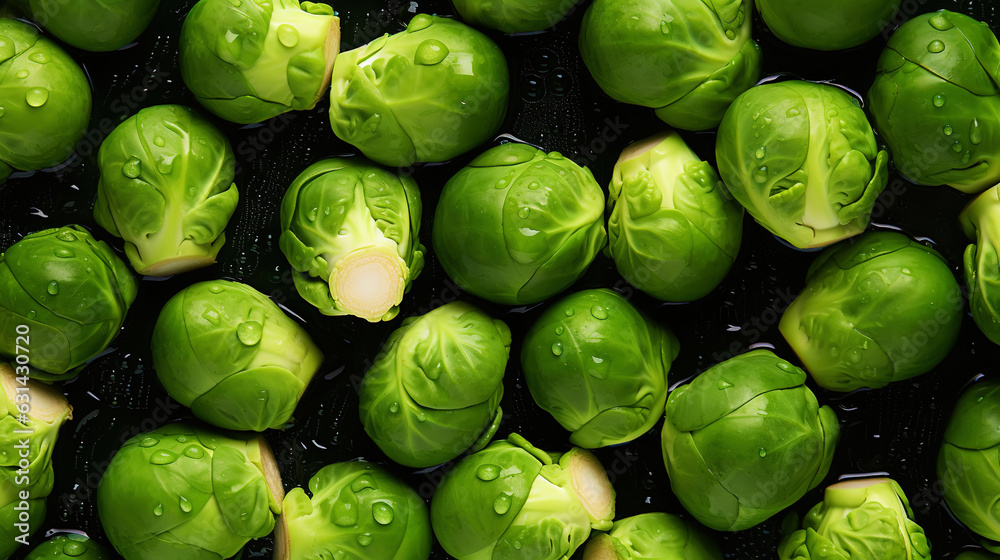 Fresh green brussels sprouts with water drops background. Vegetables backdrop. Generative AI