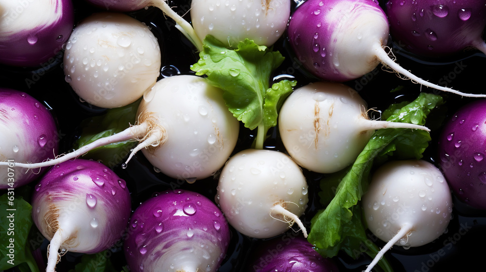 Fresh turnips with water drops background. Vegetables backdrop. Generative AI