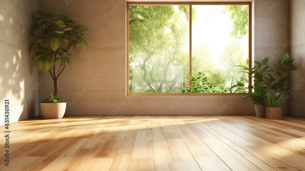 Empty room of modern contemporary loft with plants on wooden floor. Generative AI