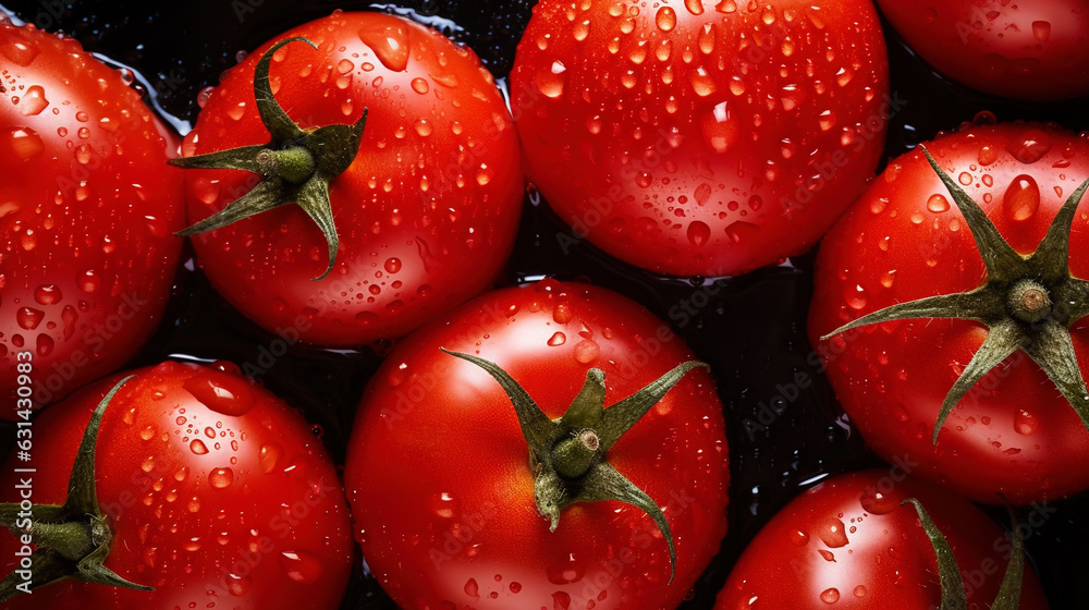 Fresh red tomatoes with water drops background. Vegetables backdrop. Generative AI