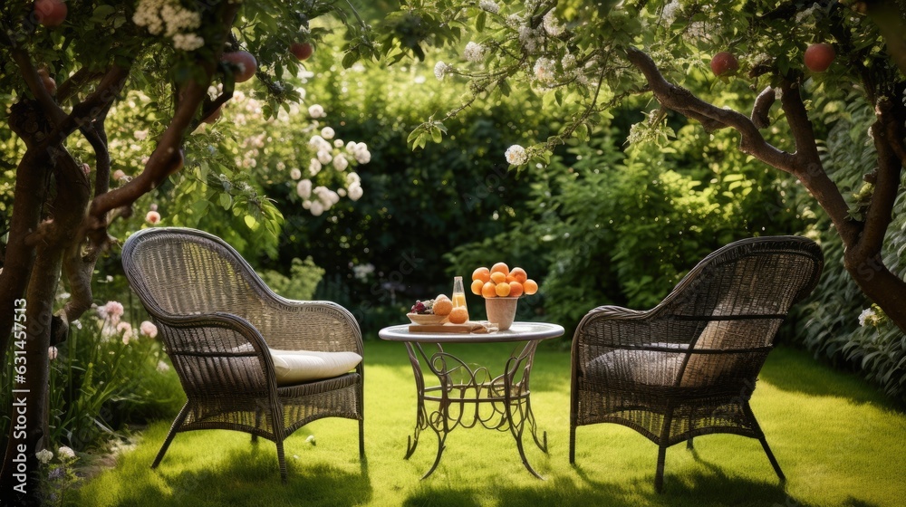 Wicker chairs and a metal table in an outdoor summer garden.