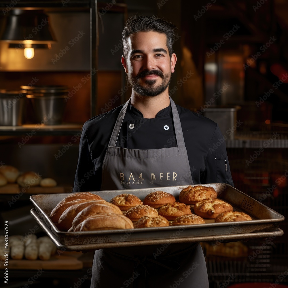 Baker holding a tray full of breads inside a bakery