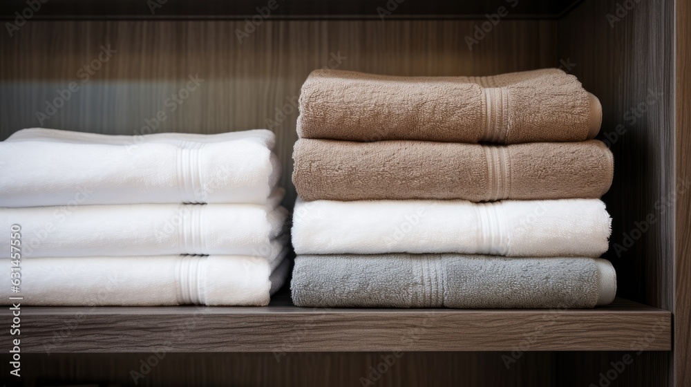 Shelf with towels at hotel spa.