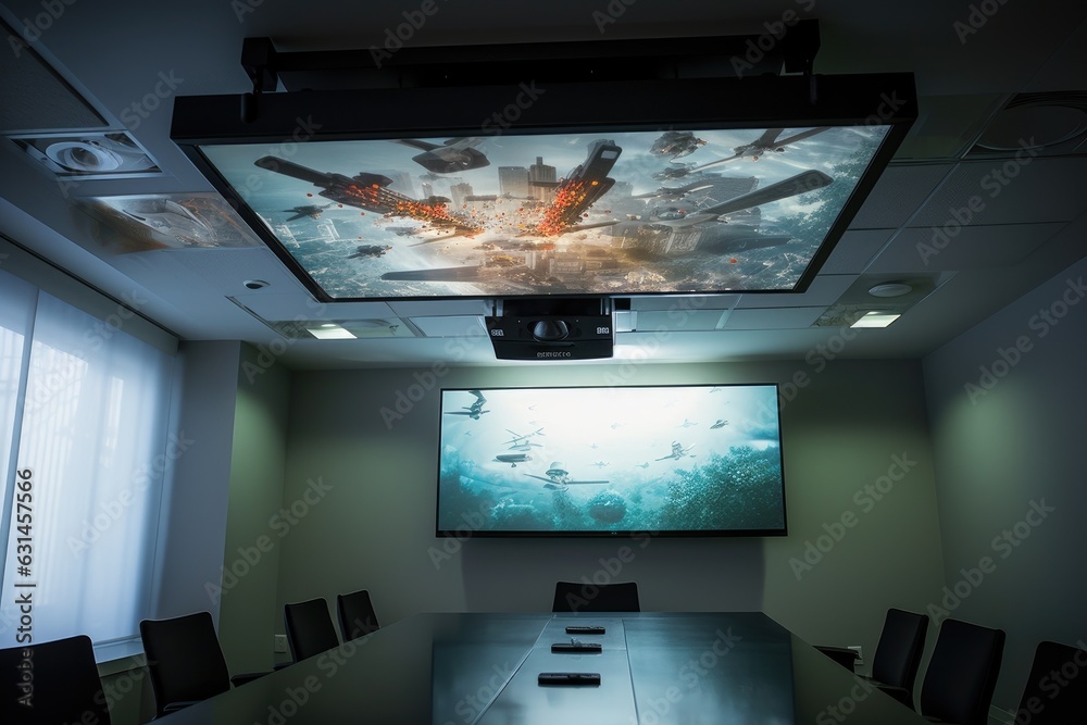 Overhead digital projector mounted on the ceiling of the boardroom.