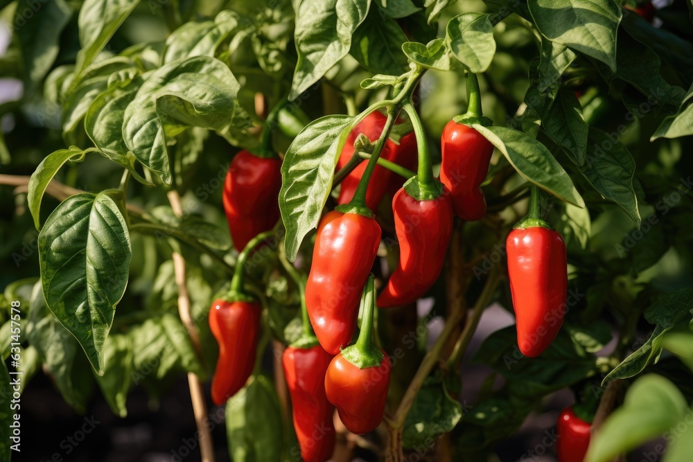 Sweet red pepper growing in greenhouse at the farm or garden